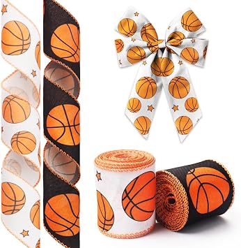 2 Rolls Basketball Ribbon for Wreath Bows Wrapping Gifts, Burlap White Black Basketball Team Ribbons for Gift Wrapping Party Decoration DIY Crafts 2.5" X 10 Yard Game Day Sports Wired Ribbon