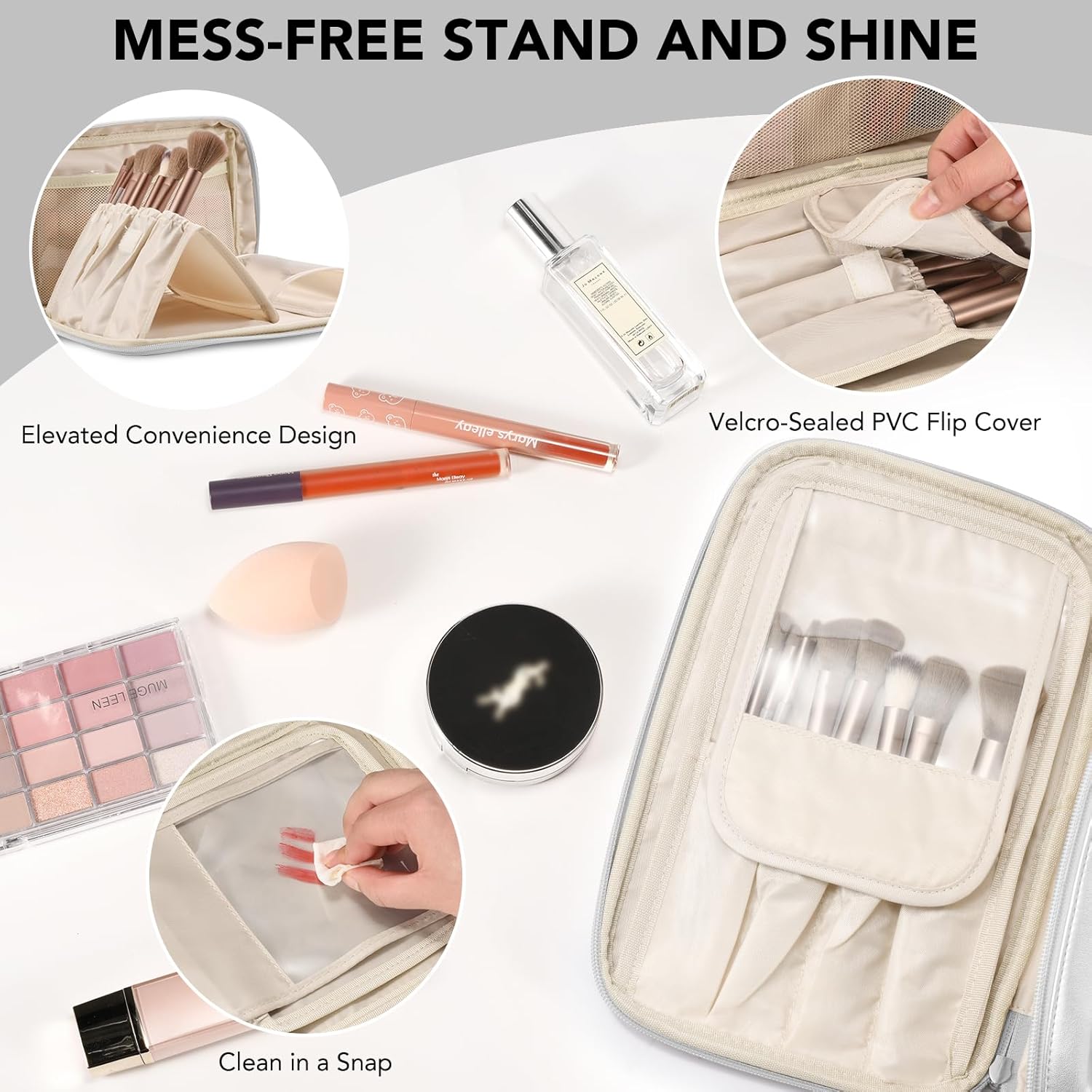 Travel Makeup Bag Women's Large Capacity Cosmetic Portable Organizer Large Opening Waterproof Storage Toiletry Bags Vertical Free-Standing Brush Holder for Easy Access Silver
