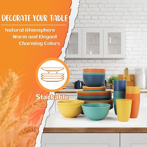 Miniatura 7 de Juego de vajilla de paja de trigo, 40 piezas, servicio para 8, juegos de platos y tazones, juego de platos irrompibles, platos llanos, platos de