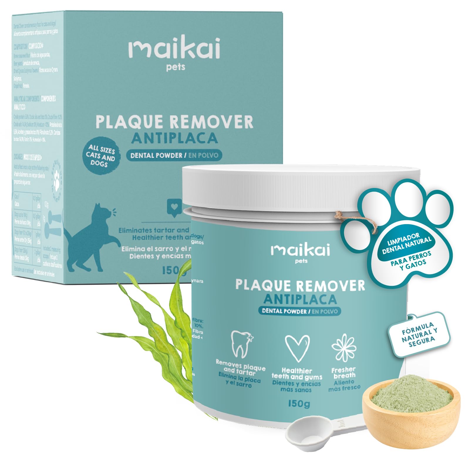 MAIKAI Plaque Remover 150 g – Polvos para Mal Aliento Limpiador Dental para Perros y Gatos Natural – Elimina Sarro Previene Placa Dental + Higiene Bucal Diaria – Algas Antisarro