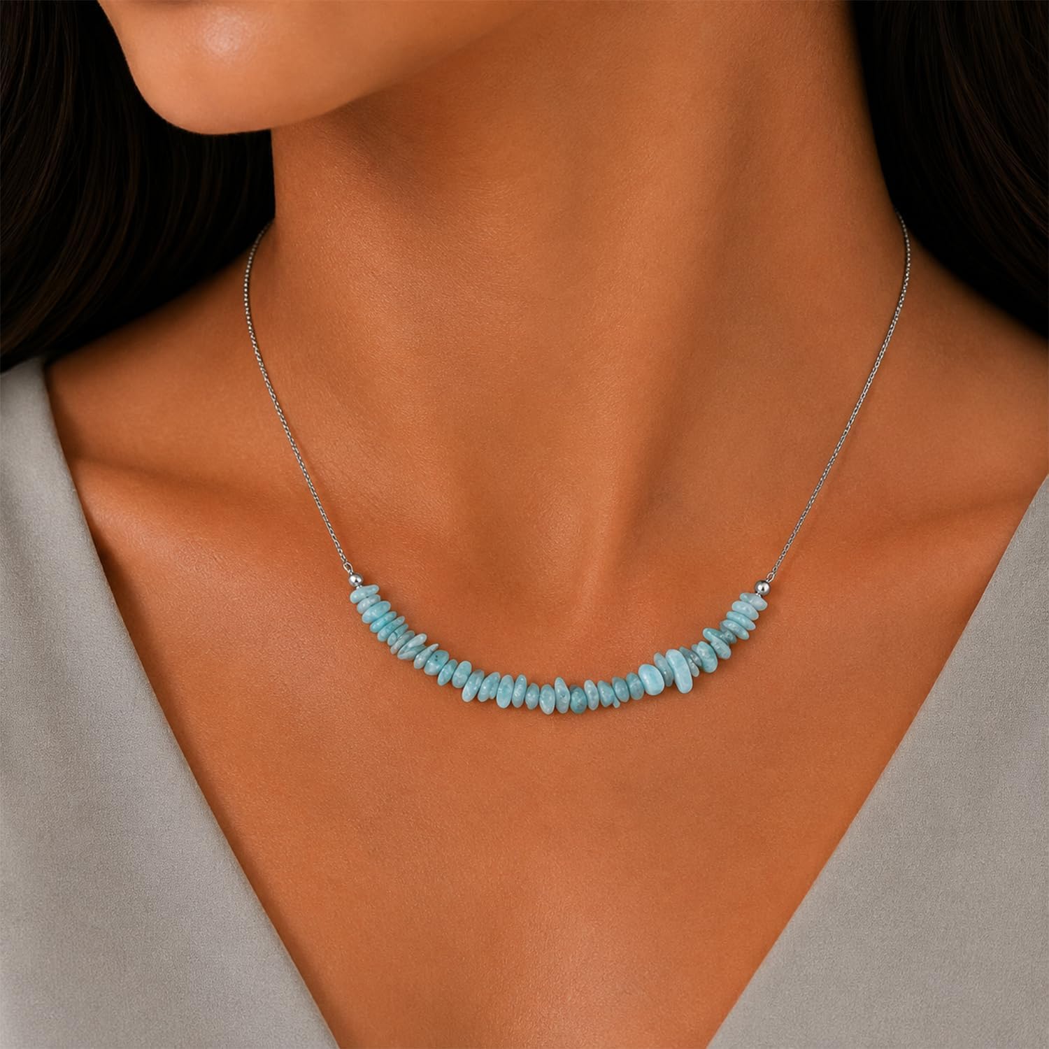 YANARA Amazonite Bar Nuggets Chips Crystals Choker Necklaces For Women 18" inches Adjustable Birthstone Gemstones Jewelry in Silver Plated Chain Birthday Gifts