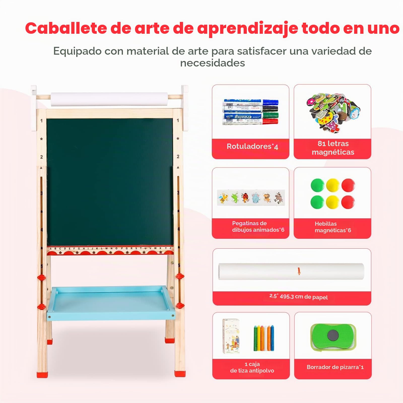 Caballete para Niños 3 en 1 Caballete Infantil de Doble Cara Caballete de Arte con Rollo de Papel Pizarras y de Almacenamiento Pizarras de pie para niños,+3 años