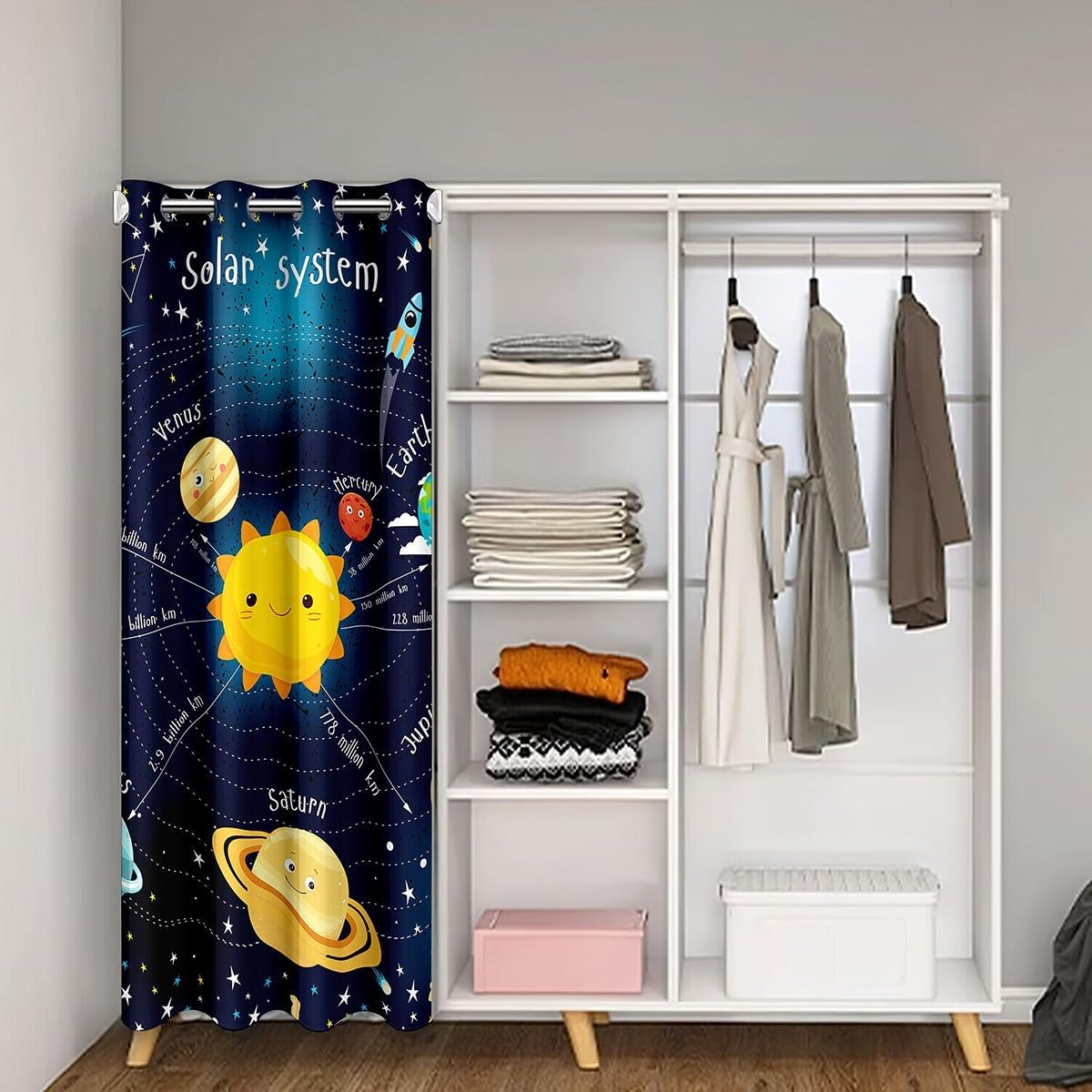Outer Space Door Curtain, Starry Sky Blackout Curtain for Kids Boys Girls Bedroom, Galaxy Planet Space Door Drape, Solar System Cartoon Closet Curtains for Bedroom Closet Door, Blue 59"W X 80"L