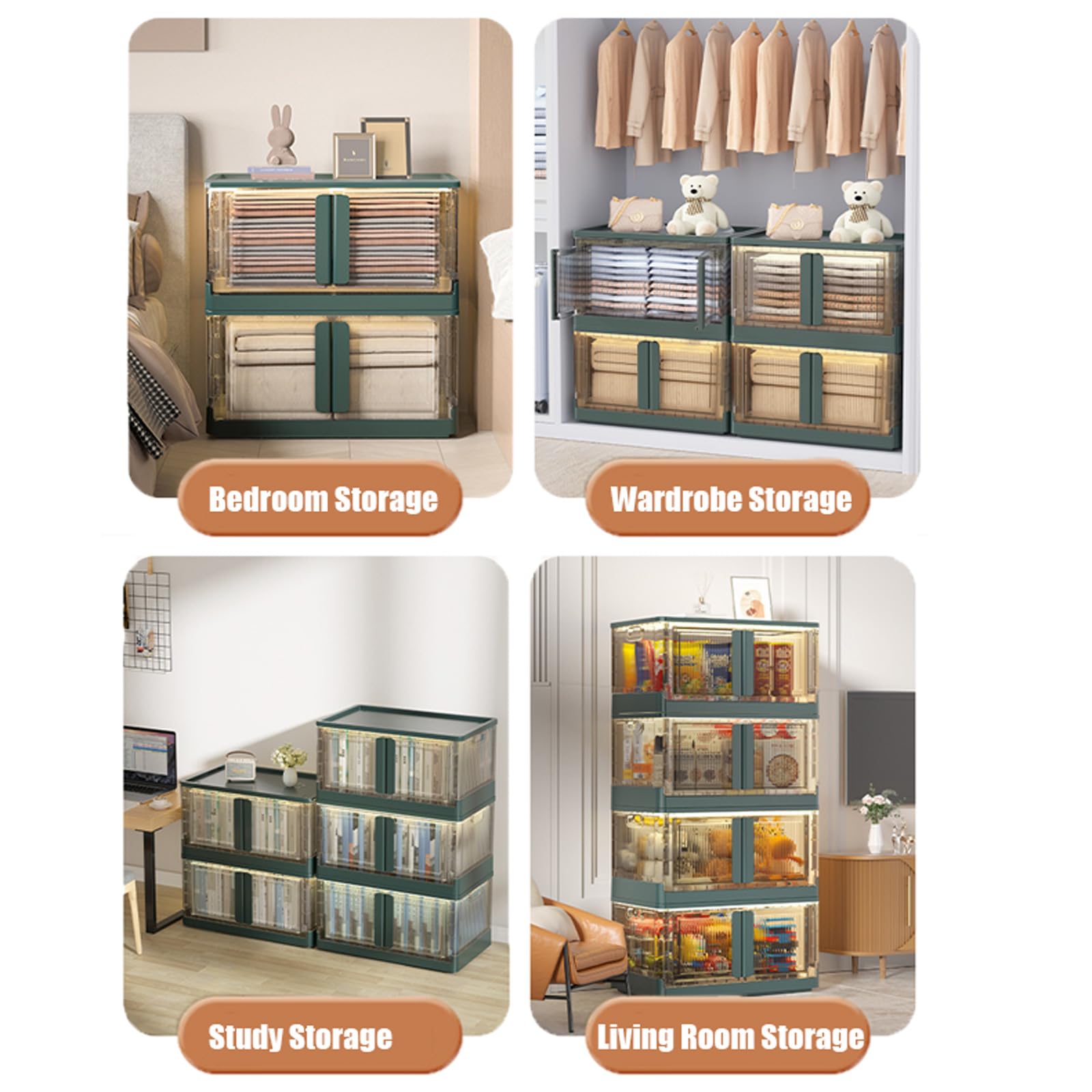 Juego de cajas de almacenamiento plegables con tapas, contenedores de almacenamiento apilables portátiles, contenedores de plástico con panel de acceso y ruedas giratorias para almacenamiento de