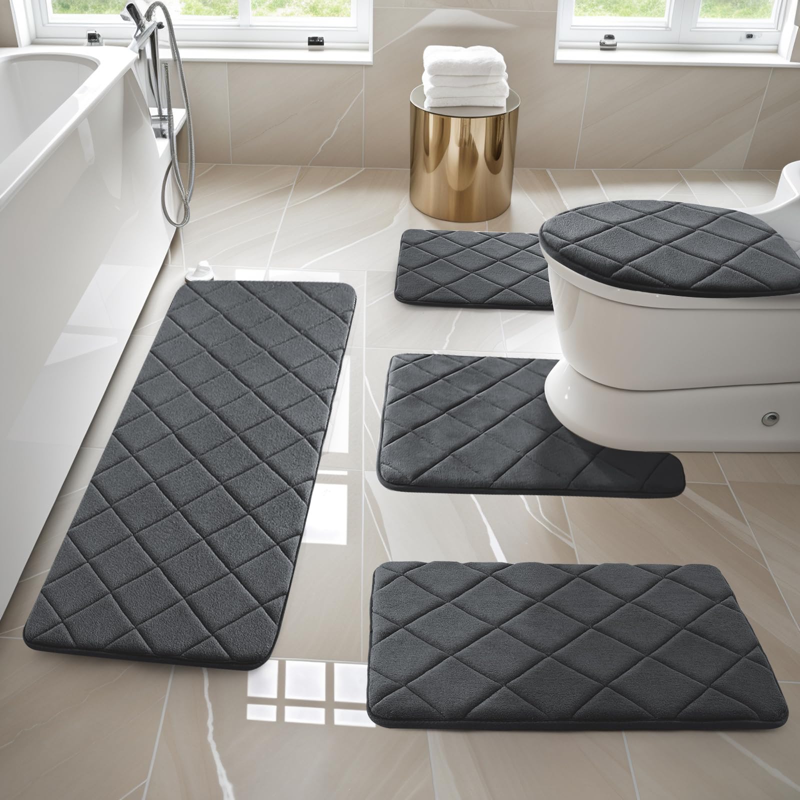 YIHOUSE Bathroom Rug Set 5 Piece, Soft Non Slip Memory Foam Bathroom