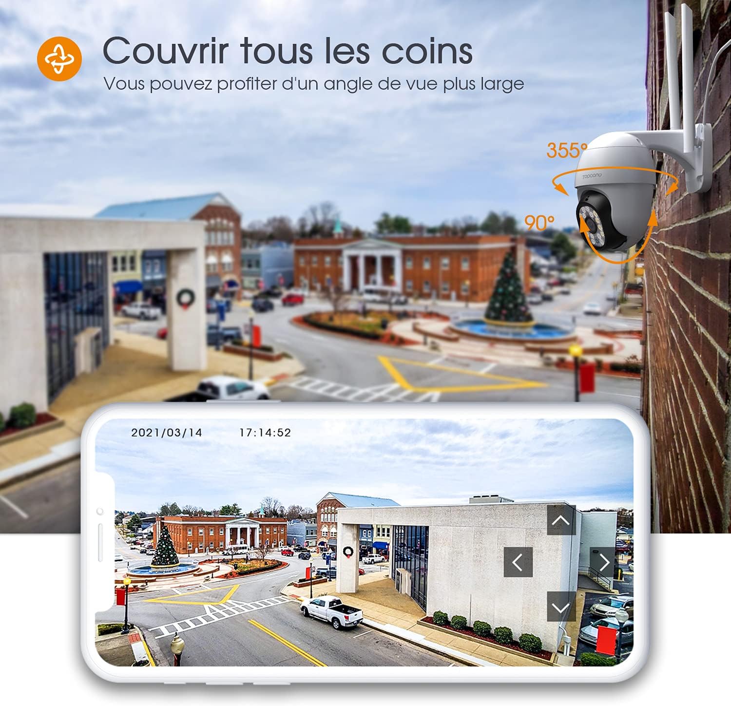 Smartphone screen showing live camera feed with PTZ controls and a diagram indicating 355 degree pan and 90 degree tilt.