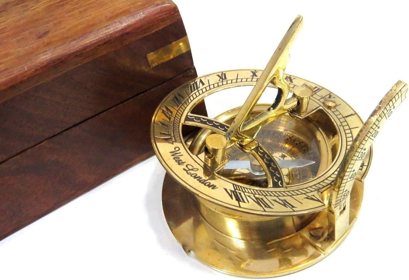 3.5" Sundial Compass with Teak Wood Box Inlaid with Solid Brass