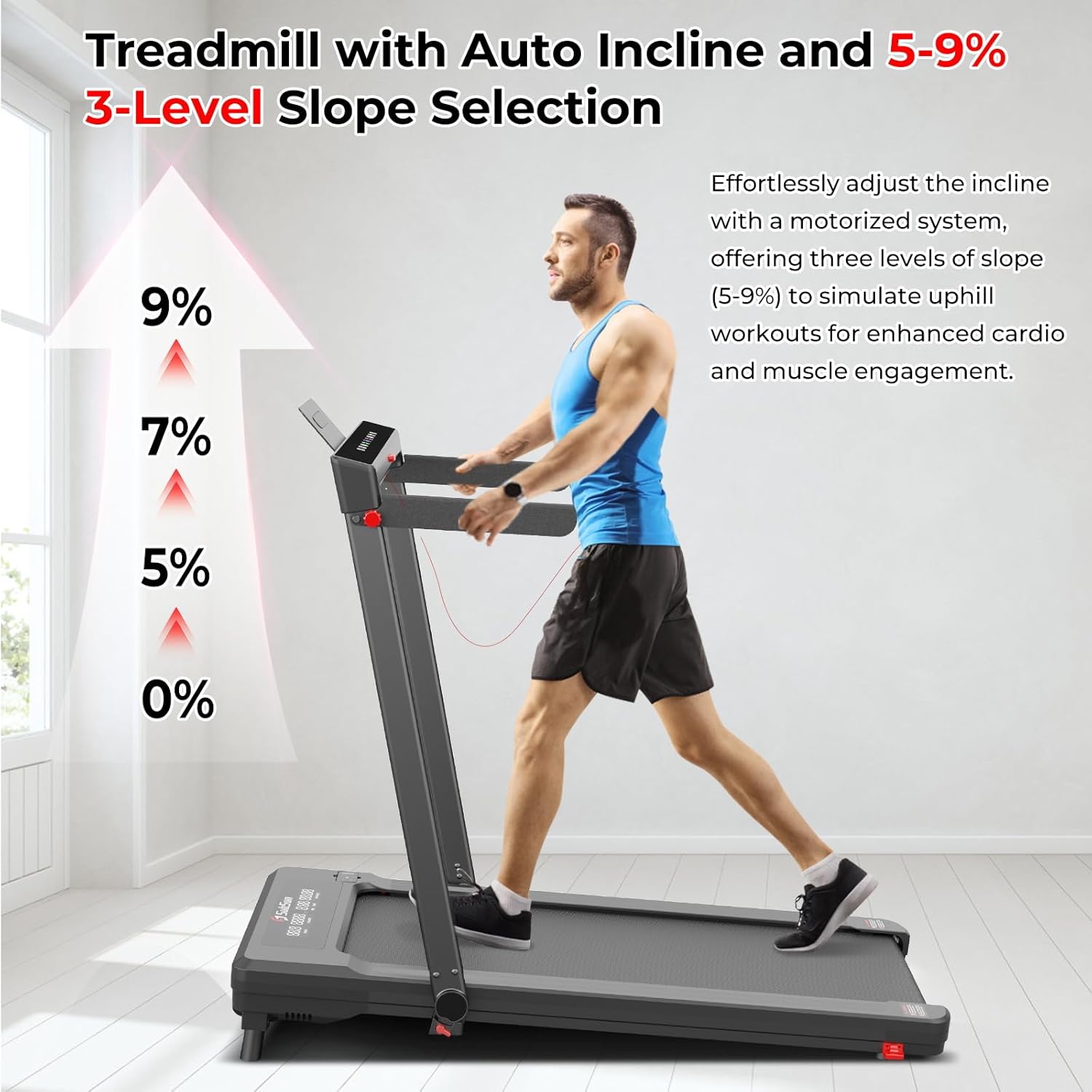 Treadmill with auto incline and 3-level slope selection (0%, 5%, 7%, 9%)