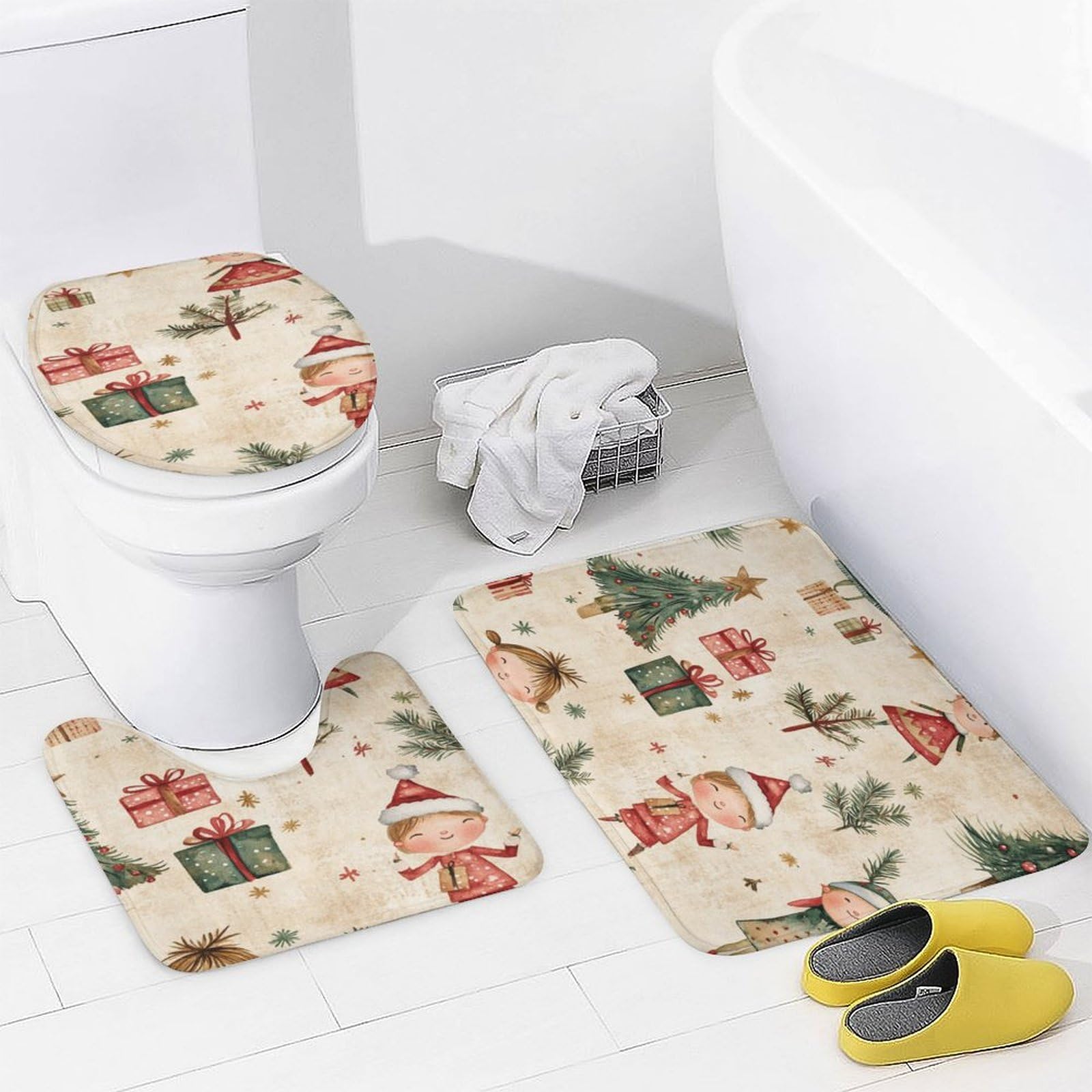 Feliz Navidad Baño de Cuatro Piezas Tappeto De Baño Absorbente Y Antideslizante, Ideal para Usar En Ducha Y Mantener El Suelo Seco 183×183cm