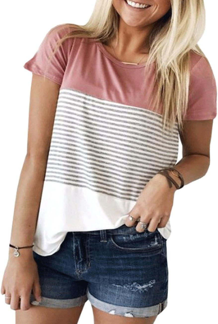 Women’s Summer Short Sleeve Striped Blouse Junior Casual Tunic Tops T-Shirt