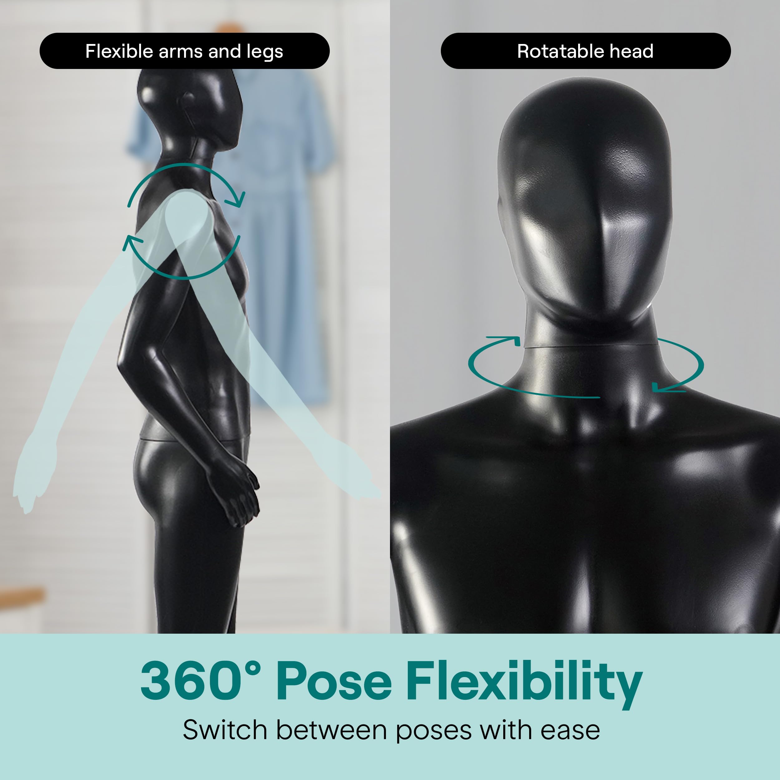 Manichino flessibile a 360° in polipropilene con espressioni vivaci e postura regolabile, facile da montare, base in metallo resistente, si adatta a tutti gli indumenti, non richiede attrezzi, testa