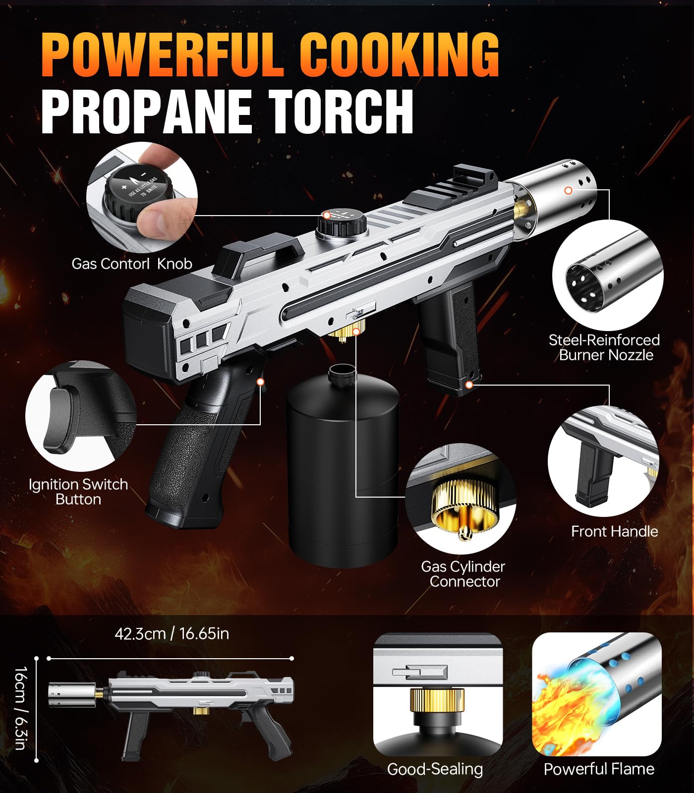 Potente pistola de antorcha para parrilla, soplete ajustable para barbacoa, camping, encendedor de carbón y encendedor de fuego, tanque no incluido (plateado)