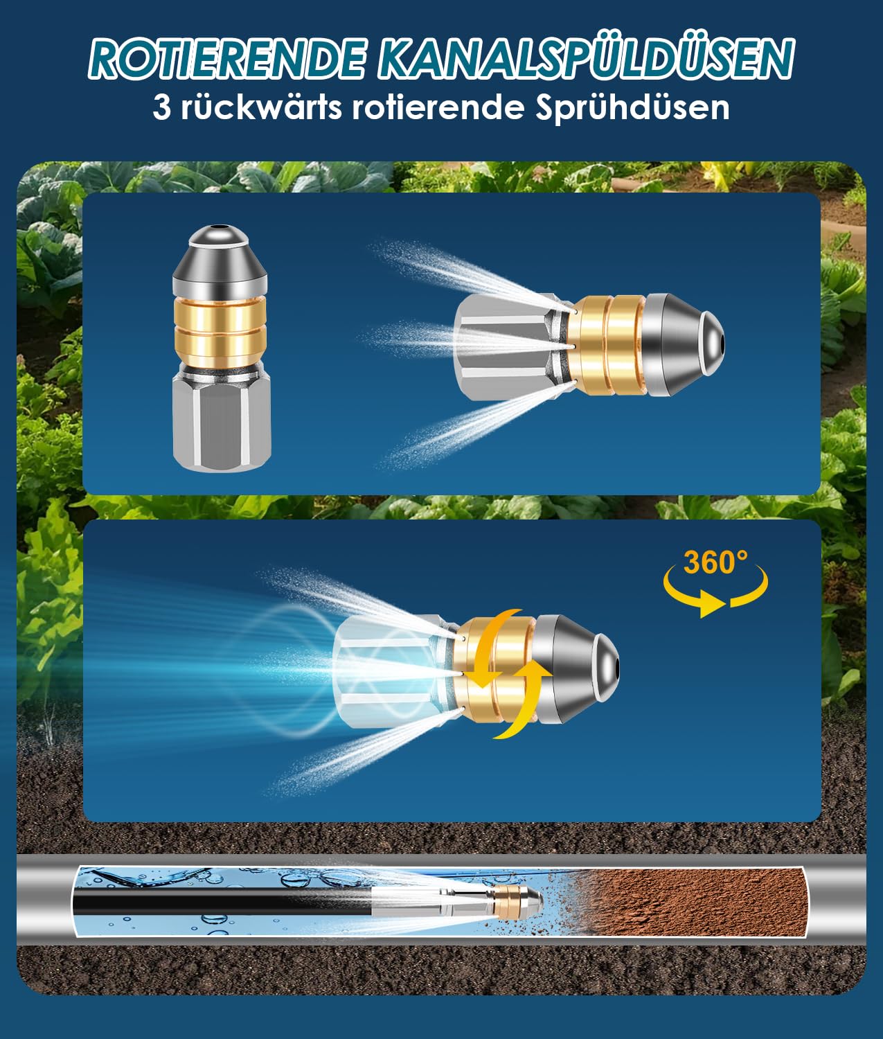 WADEO 30M 400Bar Rohrreinigungsschlauch Set für Kärcher K2-K7 Serien Bosch Lavor Hochdruckreiniger, 5800 PSI, mit M22 Adapter, Düsen starr + rotierend, Hochdruckschlauch für Verstopfte Rohre Abflüsse