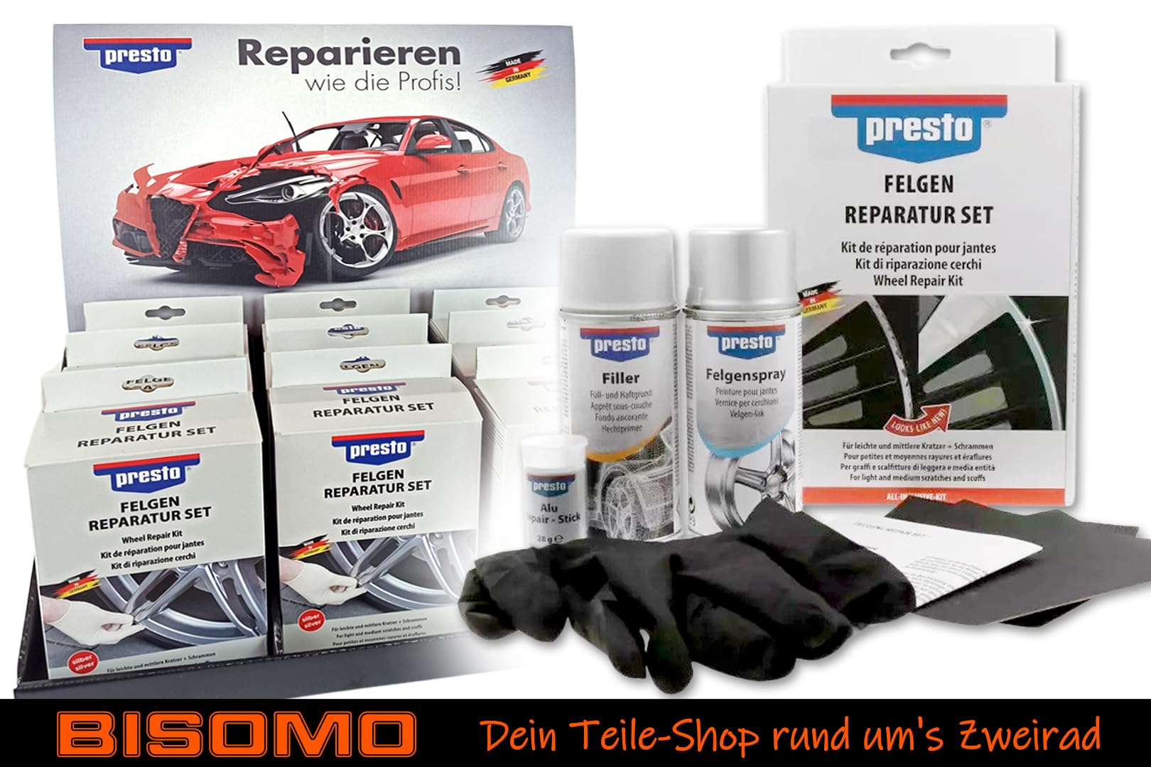 1 I 2 I 4 I 5 Felgen-Reparatur-Set Presto, Felgenaufbereitung, Felgenreparatur für leichte und mittlere Kratzer Bordsteinkratzer Schrammen kleine Steinschläge (1)