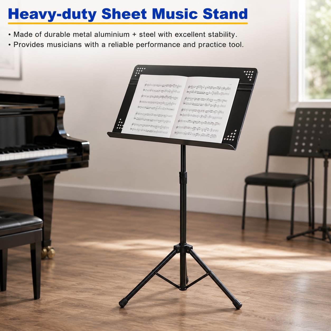 Soporte de música resistente, ajustable de 36.2 a 53.5 pulgadas, soporte para partituras con escritorio giratorio para actuaciones en escenario y estudio