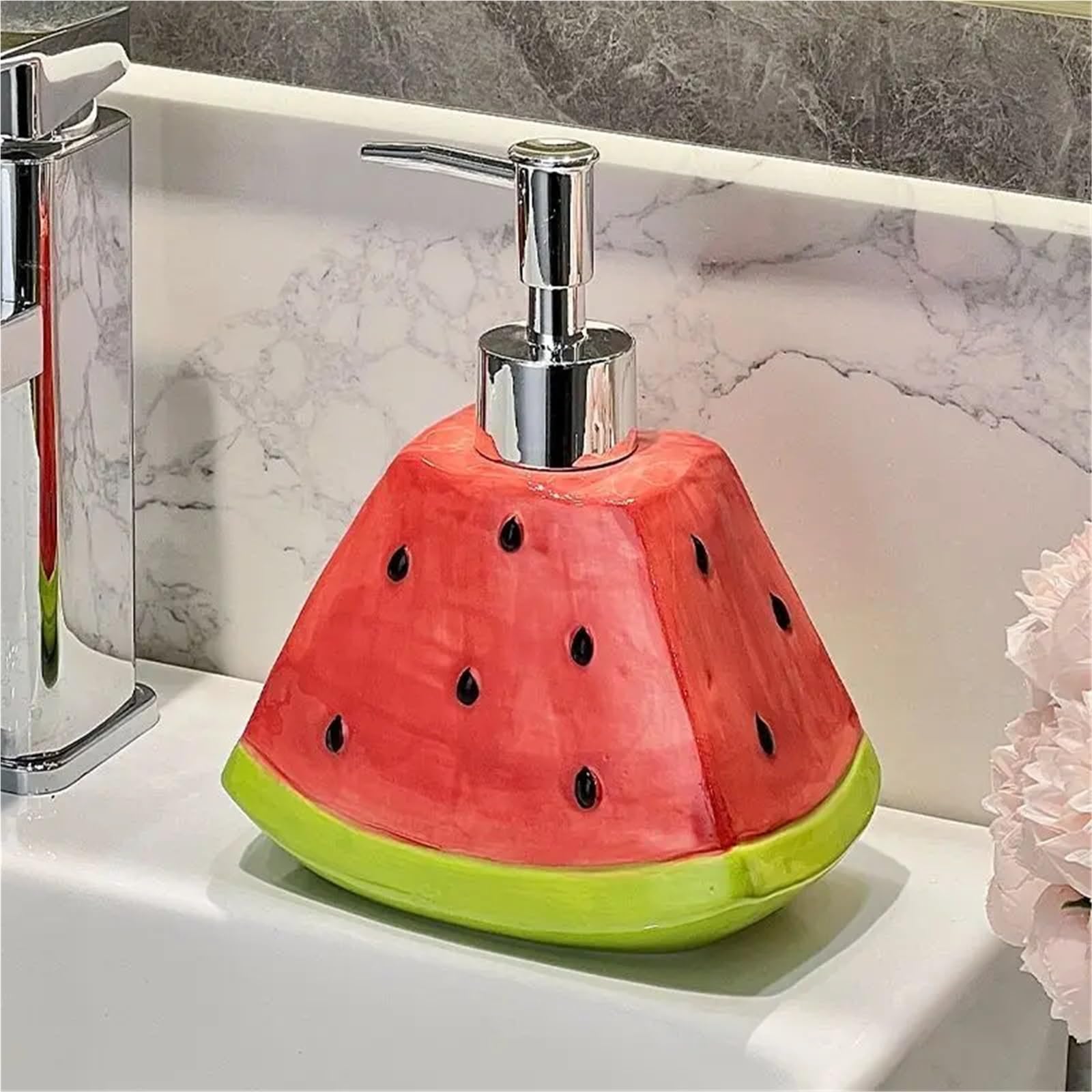 Dispensador Jabon Ceramica Botella de loción con Prensa cerámica en Forma sandía, Botella dispensadora Gel Ducha y champú portátil for Hotel baño, Accesorios