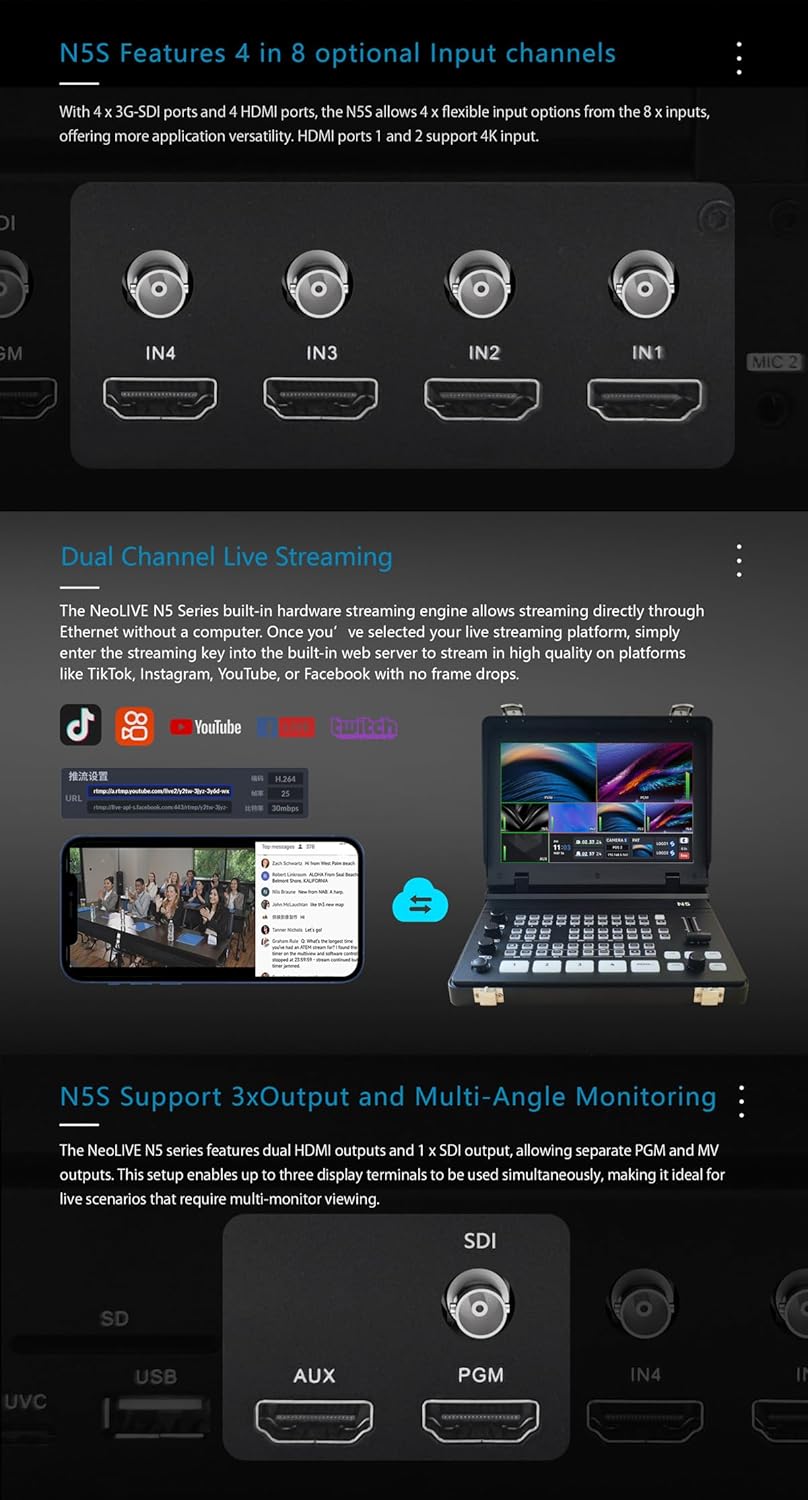 SPROLINK NeoLIVE N5S 5 Input Channels Video Streaming switcher Laptop Design with 10.1inch Screen, with Dual 4k inputs, Support MV and PGM outputs (Neolive N5S)