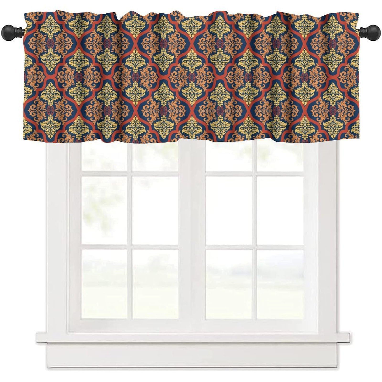 moderw Blue Gold Damask Window Curtains Valance, Vintage Luxury Red Damask Floral Traditional Oriental Window Treatments Curtain Valance for Farmhouse Bedroom Living Room Kitchen 54x18inch