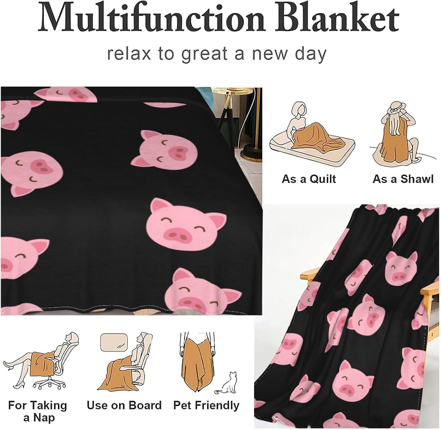 SARA NELL Pink Pig Blanket,Cute Cartoon Pig Face Flannel Fleece Throw Blanket,Super Soft Cozy Fluffy Warm Couch Bed Sofa Travelling Camping Blanket 60"X50" for Kids Adults All Season