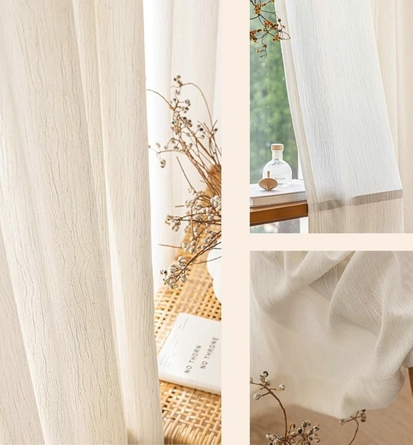 Sheer Voile Curtains 2 Panel Set 90 inch Long, Cotton Linen Sheer Window Curtain Eyelets Solid Color Branches Texture Window Treatment for Bedroom Living Room Beige, 52 x 90 Inch