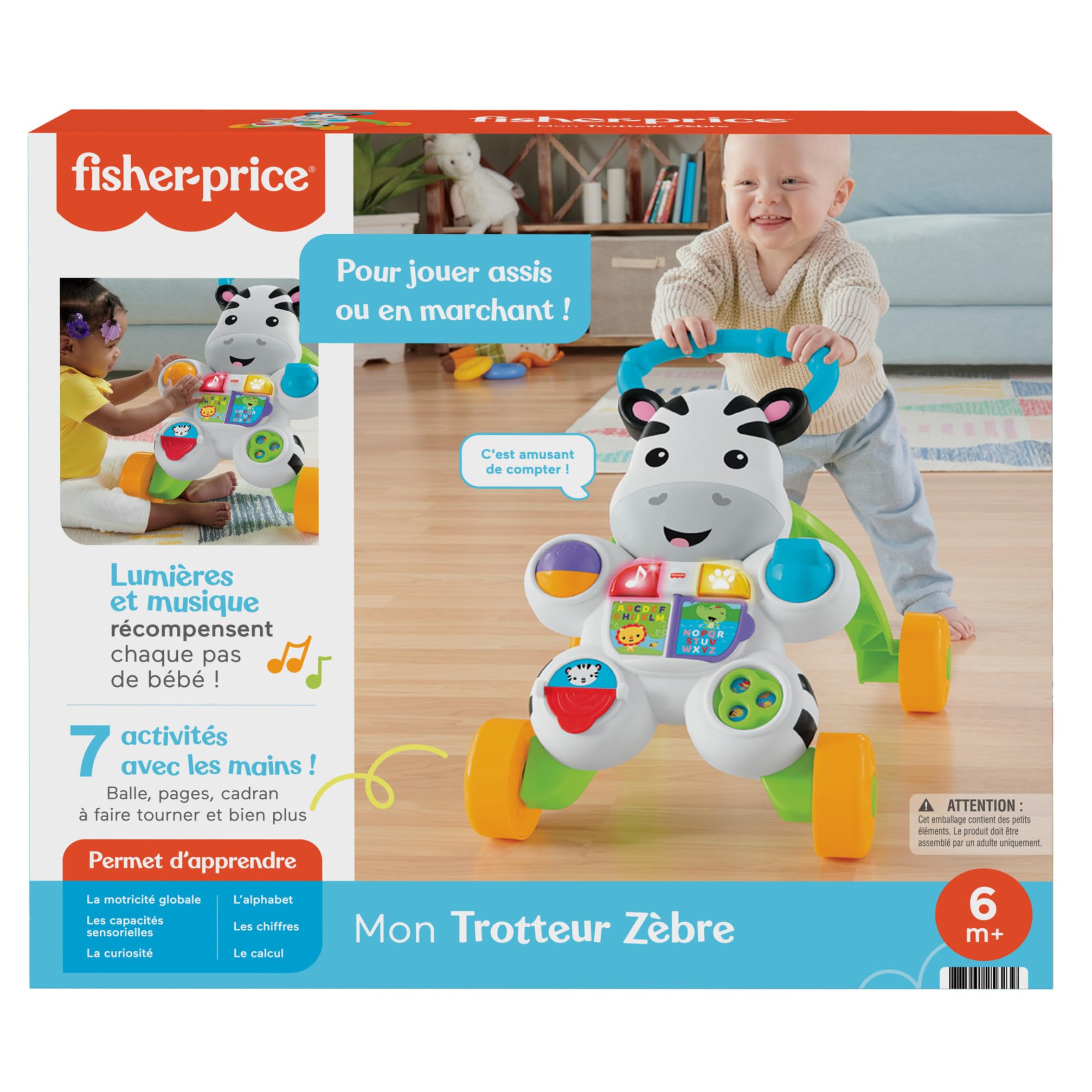 Fisher-Price Cebra parlanchina Primeros Pasos, Andador correpasillos bebé +6 Meses, versión español, Embalaje reducido GXC34