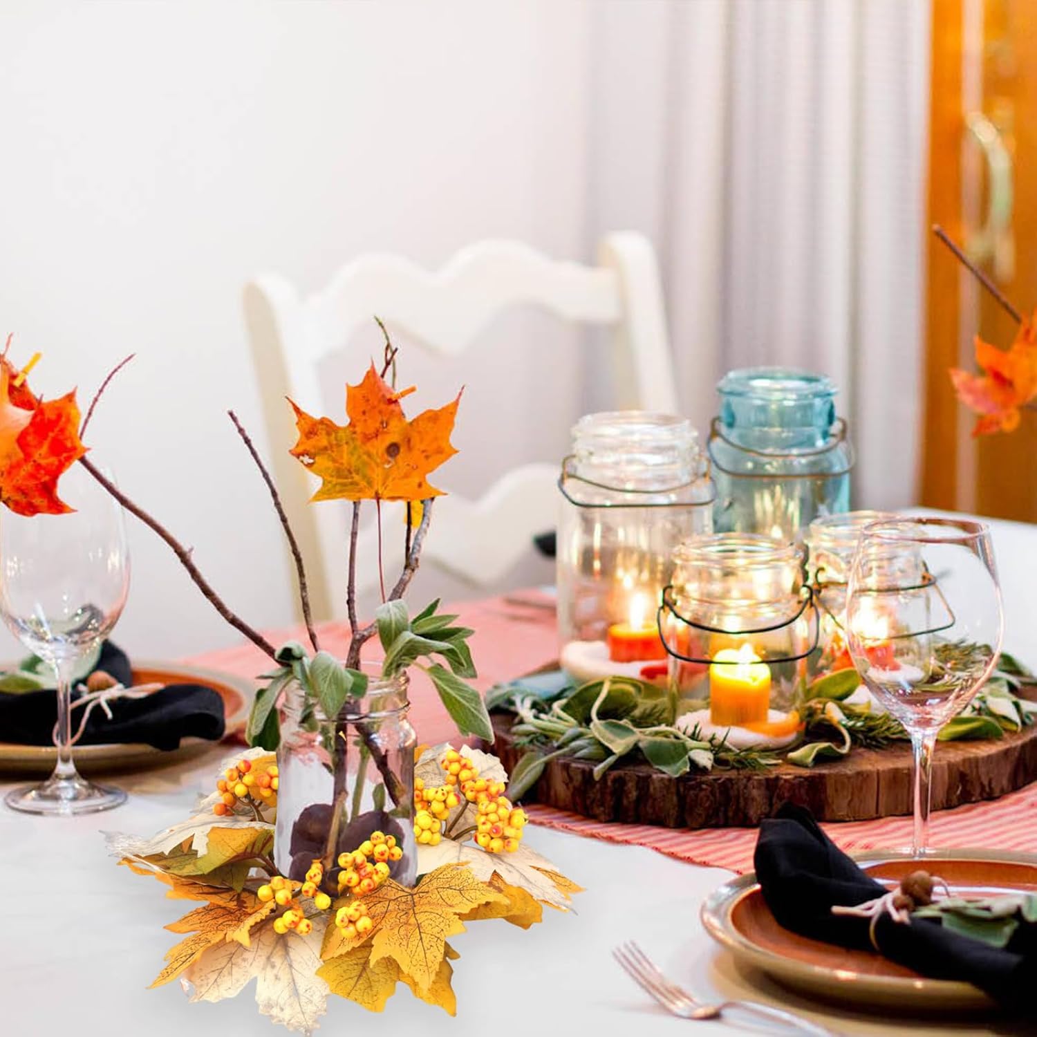 Artificial Maple Leaves Berries Candle Rings Fall Maple Candle Holder Thanksgiving Fall Candle Wreath Farmhouse Centerpieces Door Decoration for Thanksgiving Fall Theme Party