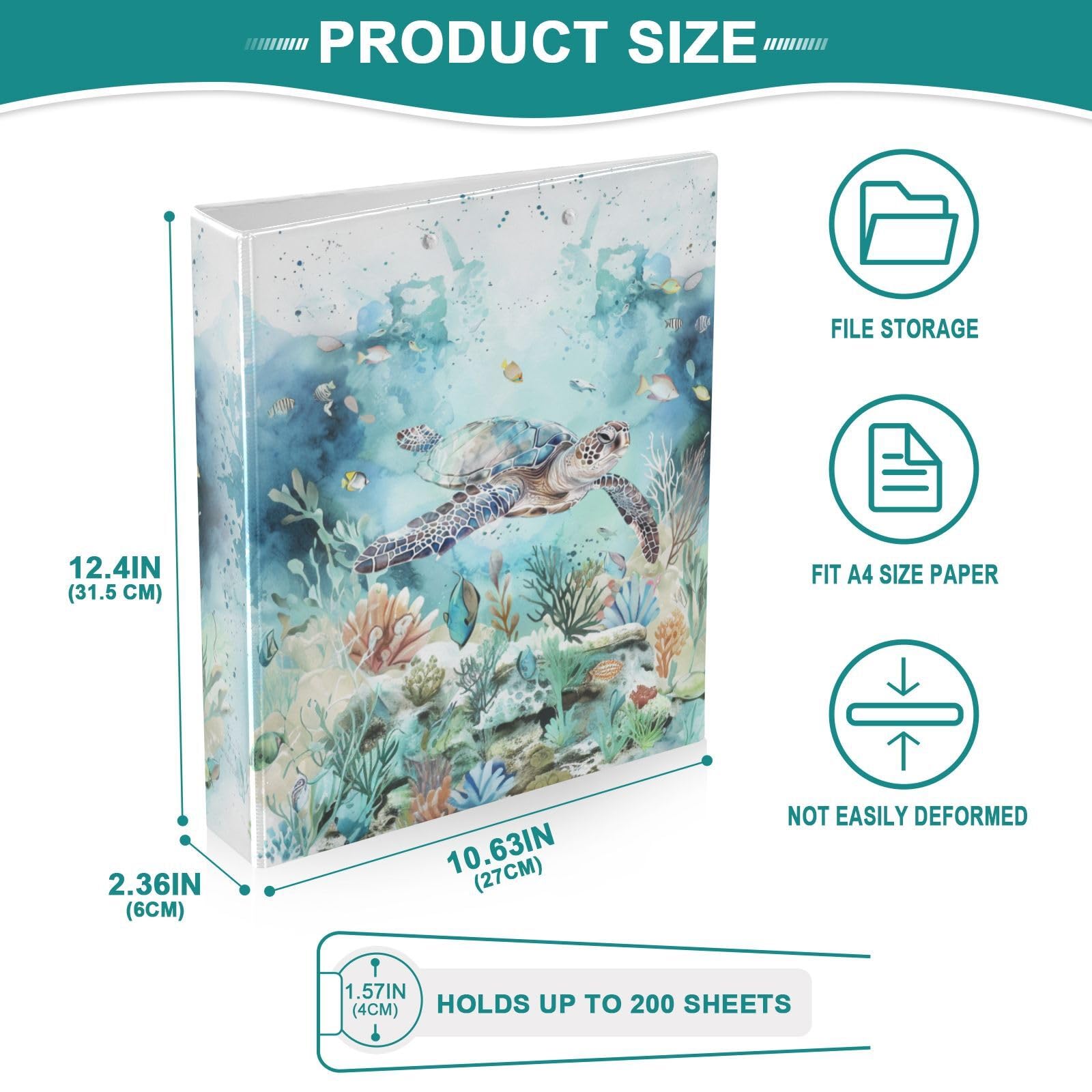 Turtle Undersea Marine Life - Raccoglitore a 3 anelli con 3 anelli, 3,8 cm, con portablocco e 3 tasche trasparenti, contiene 200 fogli di carta formato A4, impermeabile, per scuola, casa e ufficio