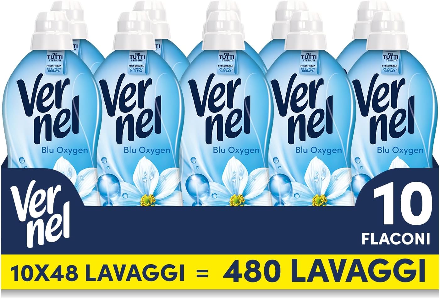 Ammorbidente Concentrato Vernel Blu Oxygen (10 x 48 lavaggi), Ammorbidente Concentrato per Tutti i Tessuti, Morbidezza Irresistibile e Freschezza di Lunga Durata
