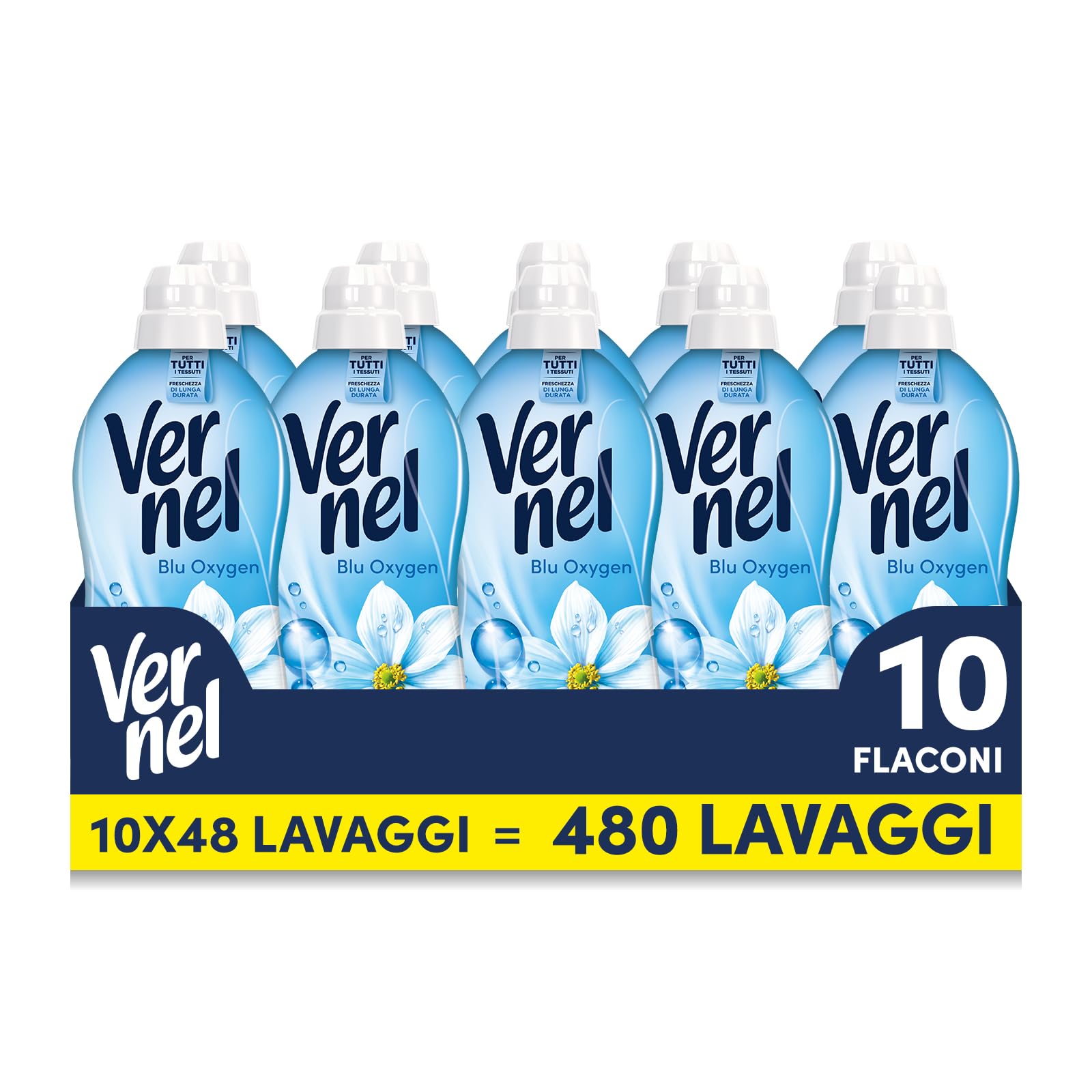 Ammorbidente Concentrato Vernel Blu Oxygen (10 x 48 lavaggi), Ammorbidente Concentrato per Tutti i Tessuti, Morbidezza Irresistibile e Freschezza di Lunga Durata
