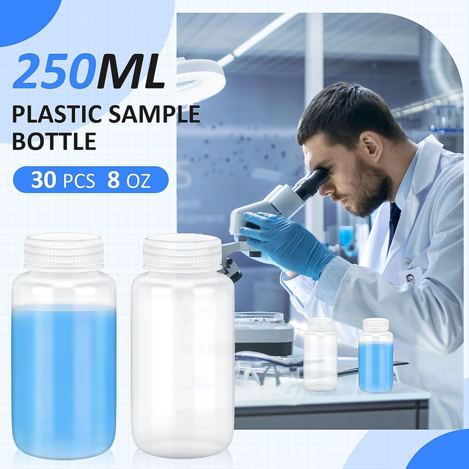 30 bottiglie di plastica da 250 ml, vuote, con collo largo, trasparenti, con tappo a vite, per casa, officina e fai da te