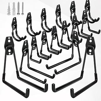 GUDEMAY Garage Hooks Set 16-Piece Heavy Duty Wall Hooks for Garage Wall Mount for Tools Bikes Ladders Hoses and Gardening Tools with Screws & Anti-Slip Coating Black