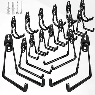 GUDEMAY 16-teiliges Wandhaken-Garage-Set – Schwerlast-Garagenhaken mit Schrauben & Anti-Rutsch-Beschichtung – Platzsparende Wandhalterung für Werkzeuge, Fahrräder, Leitern & Gartengeräte – Schwarz