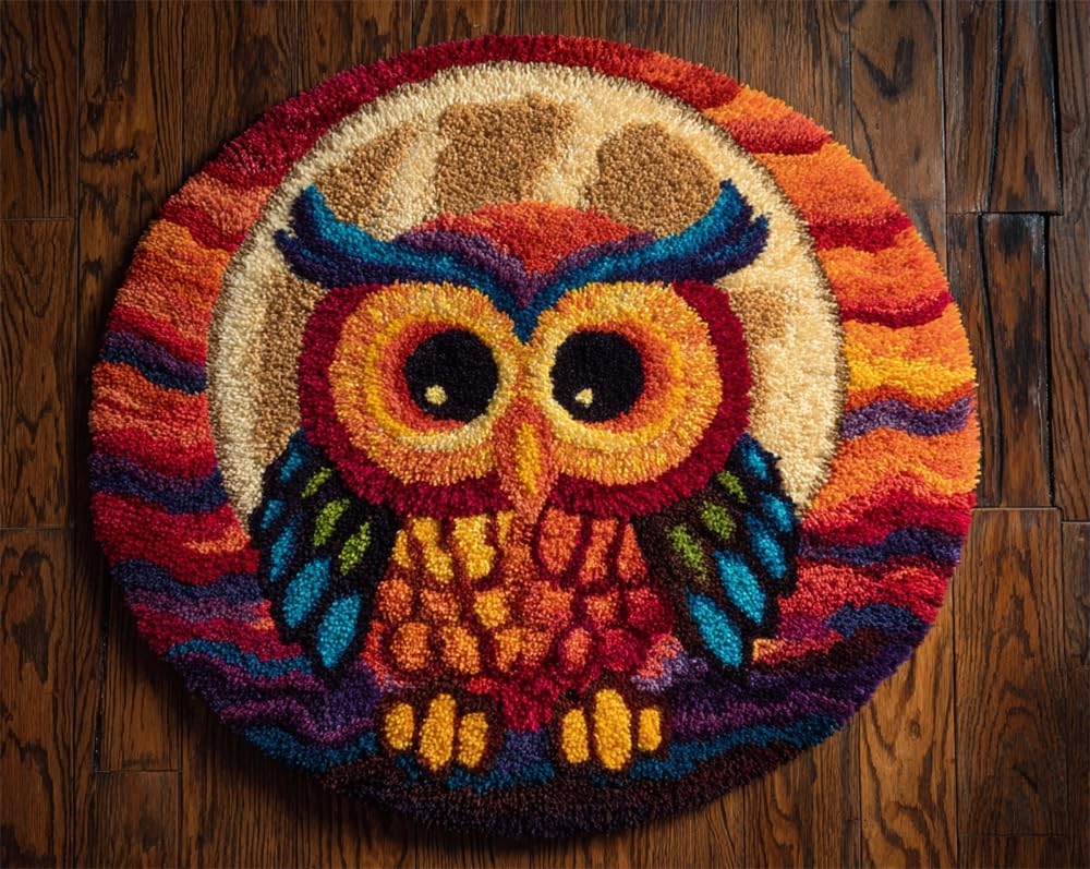 kitphoenix Latch Hook Kits Full Moon Owl 20X20Inch (50X50Cm) DIY Latch Hook Flower Rug Kit, Home Carpet Rug Making Kit Cross Stitch Embroidery Kits Needlework Crafts Rug for Home Decor