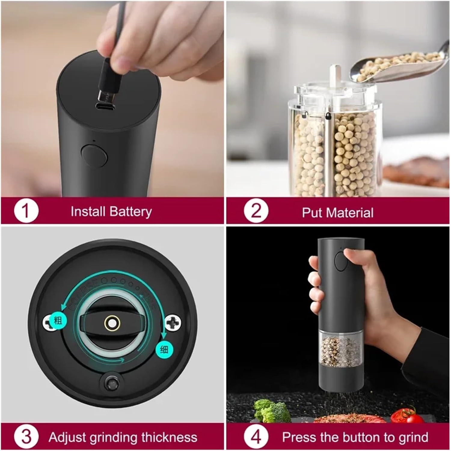 Electric USB Rechargeable Salt and Pepper Grinder Adjustable Coarseness Grind Light Large Capacity Mills Kitchen Tool(1 Battery PlastBlack)