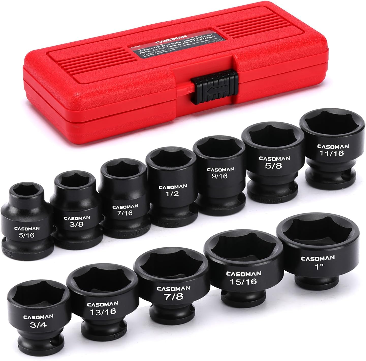 CASOMAN 12PCS 3/8" Drive Stubby Impact Socket Set, Low Profile, 5/16" - 1", SAE, CR-MO, 6-Point, 12 Pieces Shallow Socket Set for Automotive Maintenance, Repairs and DIY, for Tight Areas