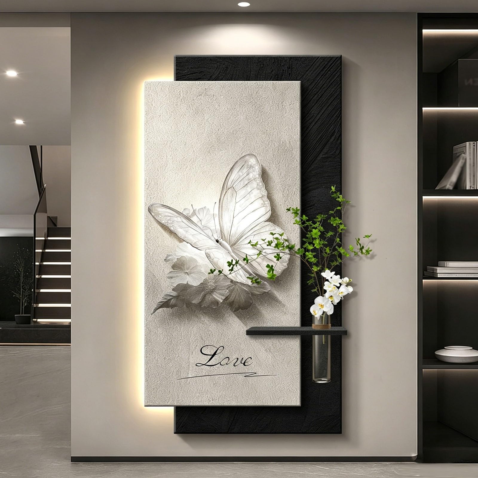 RASJCGRCOA 3D LED Wall Art Decor Lighted Butterfly Painting Modern Vertical Sandstone Texture Large Sculpture with Vase Shelf for Living Room Bedroom Hallway Entryway(A,23.6 * 47.2IN/60 * 120CM)