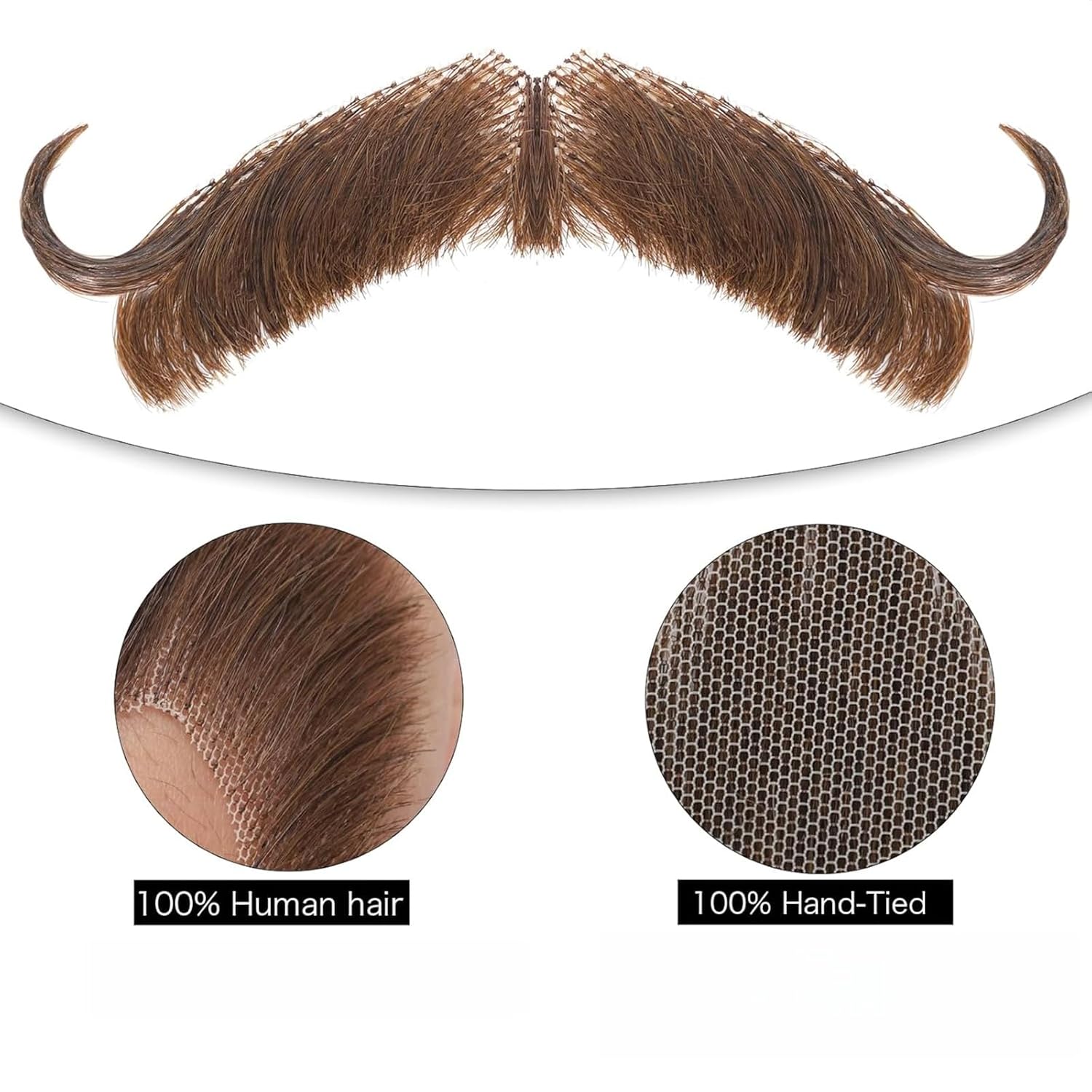 Fake Mustache Realistic Handlebar Mustache Stick On for Adults -100% Human Hair with Lace Front for Easy Application - Costume Mustache for Halloween, Cosplay, Masquerade Party for Men & Women（ Brown）