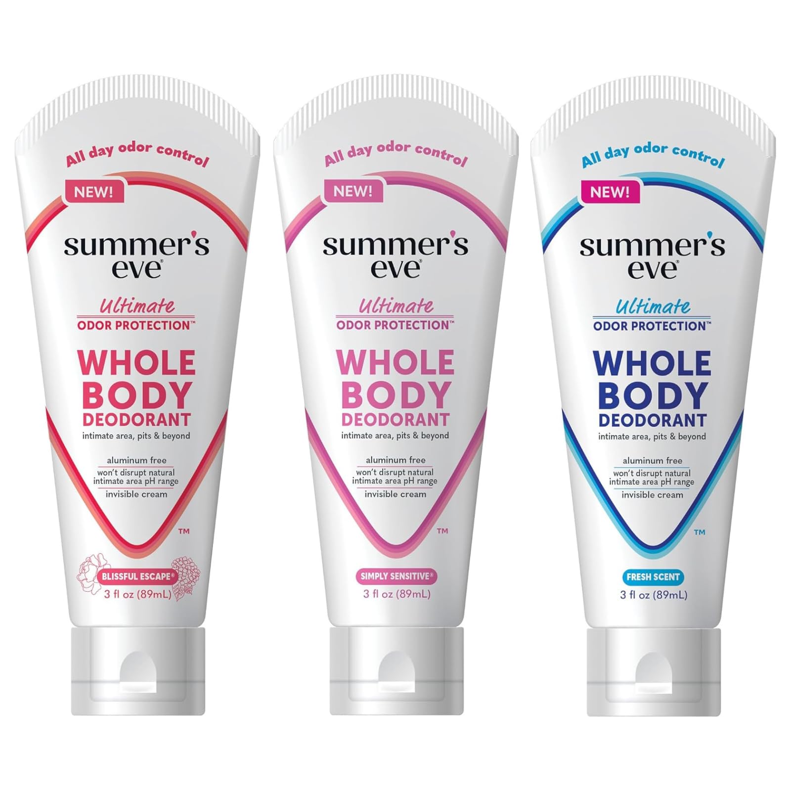 Summer's EveWhole Body Deodorant for Women, Ultimate Odor Control, Aluminum Free Deodorant, 3 Fl Oz; Simply Sensitive, Blissful Escape, & Fresh Scent