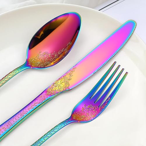 Miniatura 4 de A  HOUSEWARE Juego de cubiertos en relieve arco iris de 30 piezas de acero inoxidable para 6, cubiertos con diseño floral, utensilios de cocina para