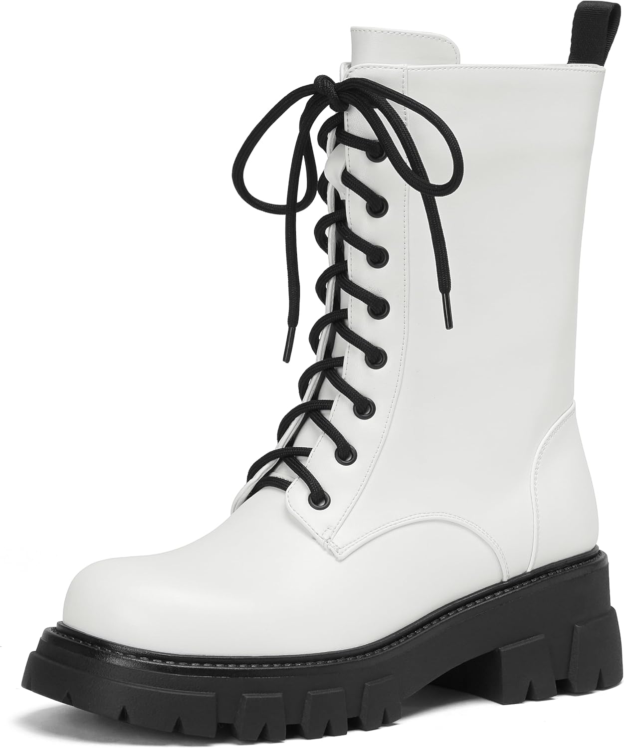 Women Harness Motorcycle Biker Boots Steampunk Combat Boots Chunky Mid Calf Goth Boots Lug Sole Lace up Side Zipper