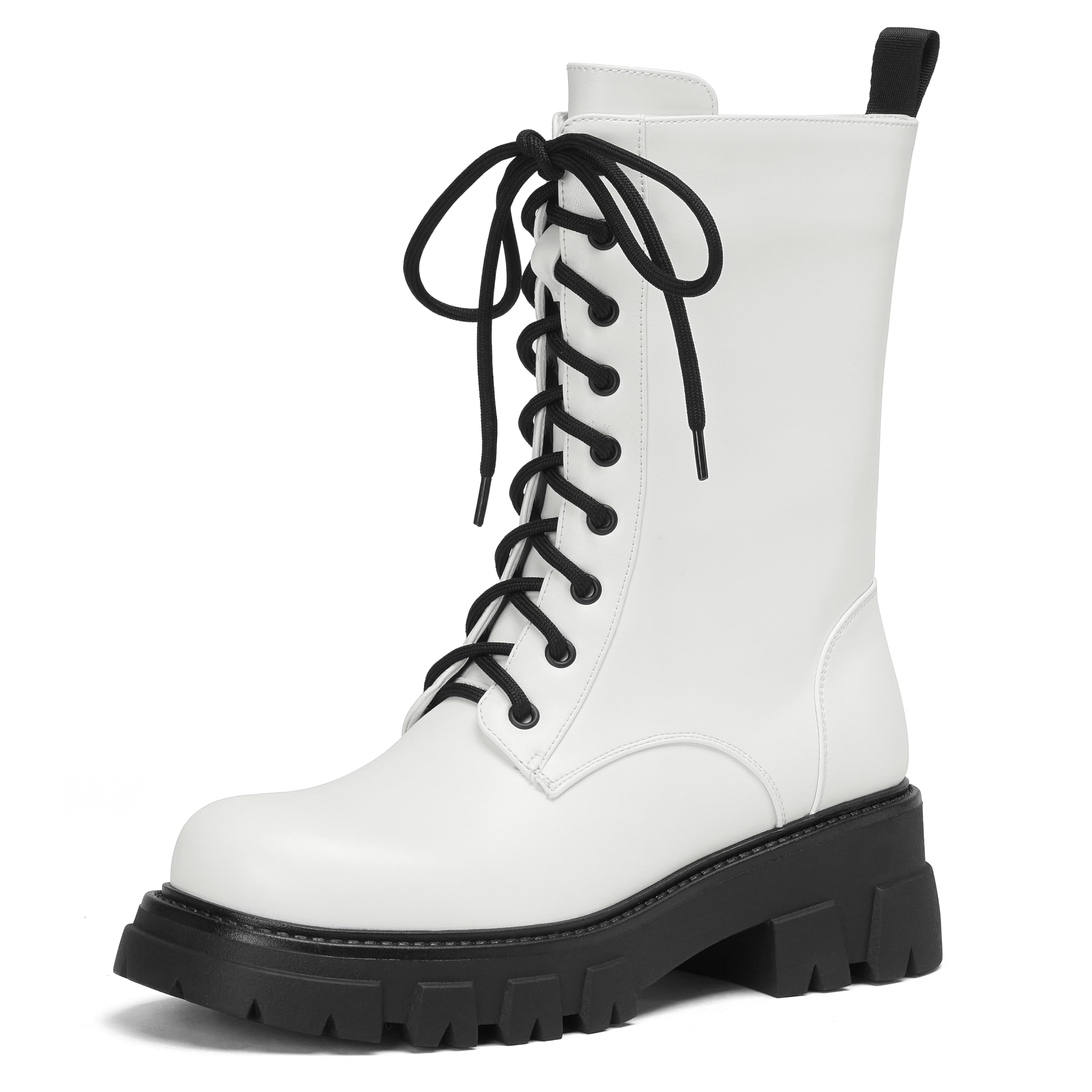 Women Harness Motorcycle Biker Boots Steampunk Combat Boots Chunky Mid Calf Goth Boots Lug Sole Lace up Side Zipper