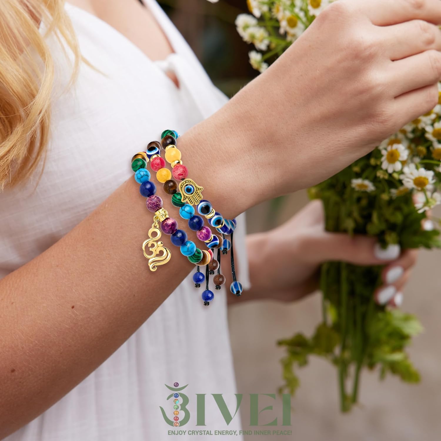 Bivei Chakra Bead Bracelets for Women - 8mm 7 Chakra Bracelet With Real Stones Yoga Gemstone Jewelry 3 Pack