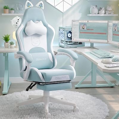 Dowinx Cat Ear Gaming Chair for Adults, Ergonomic Computer Chair with Massage Lumbar Support, Reclining Gamer Chair with Footrest and Headrest, 290 lbs