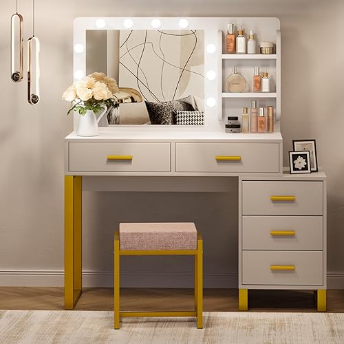 Miniatura 9 de Semiocthome Escritorio de maquillaje blanco con espejo y luces, tocador de maquillaje con tira de corriente, mesa de tocador de 39.4 pulgadas de