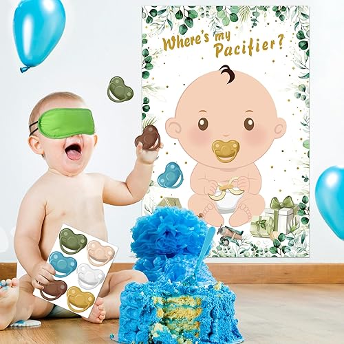 Miniatura 8 de Hxezoc Juegos de baby shower Pin The Chupete en el juego del bebé con 36 calcomanías para chupete, juegos de póster de bebé verde grande para fiesta