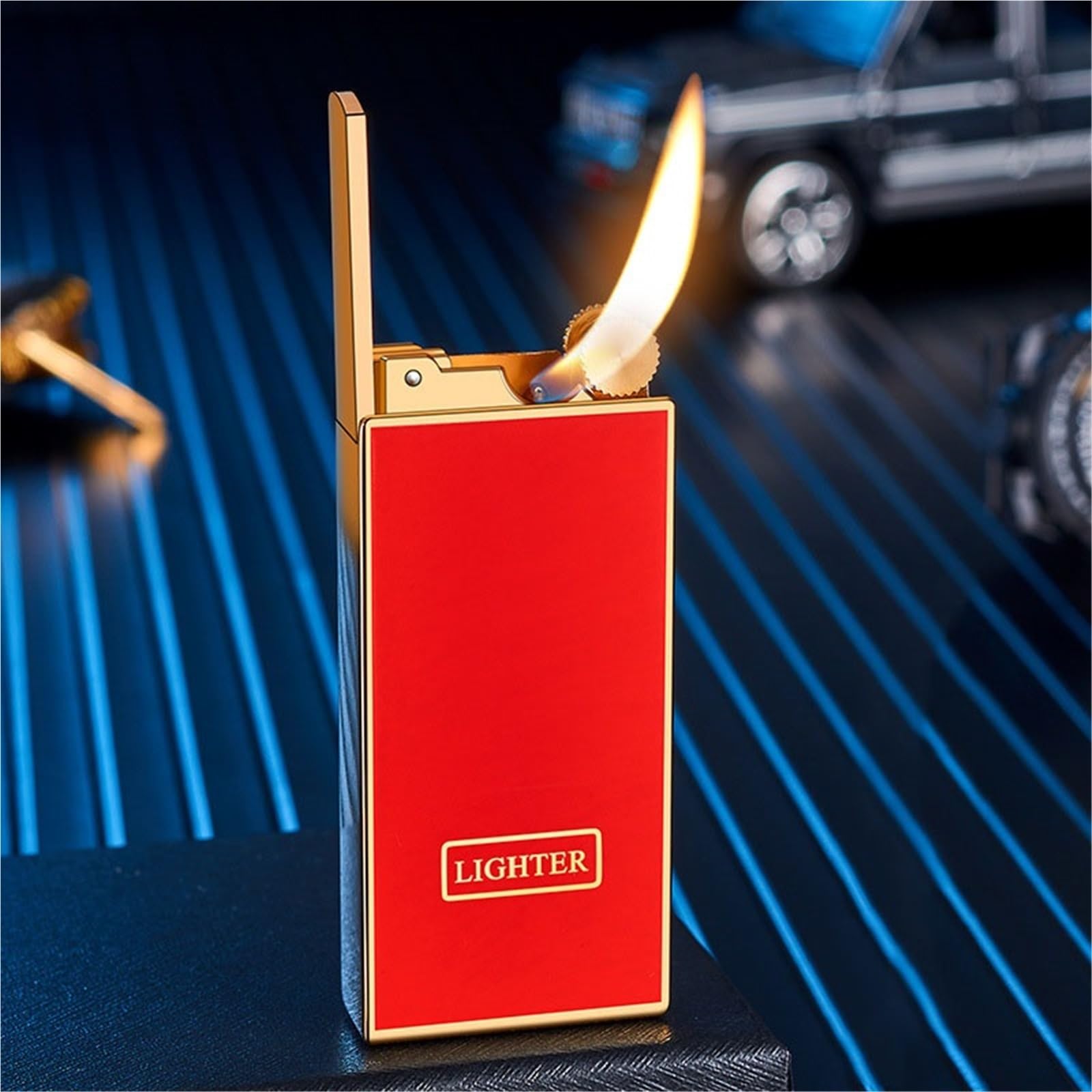 Encendedor butano recargable con fuego oblicuo retro y llama ajustable