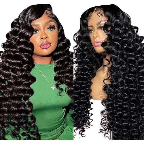 AAKJJ Deep Wave Lace Front Wigs Human Hair 200% Density 13x4 HD Lace Frontal Wig Glueless Pre Plucked with Baby Hair Soft Full 10A Human Hair for Black Women Daily Wear 26 Inch