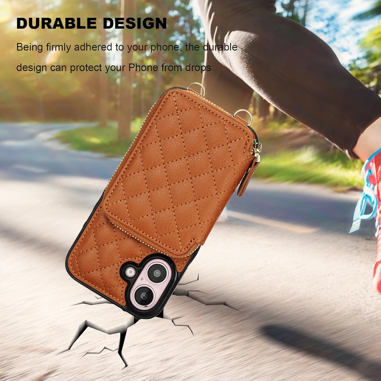 Bocasal Crossbody Wallet Case for iPhone 16, RFID Blocking PU Leather Zipper Handbag Purse Flip Cover, Kickstand Folio Case with Card Slots Holder Wrist Strap Lanyard 5G 6.1 Inch (Brown) - Image 8