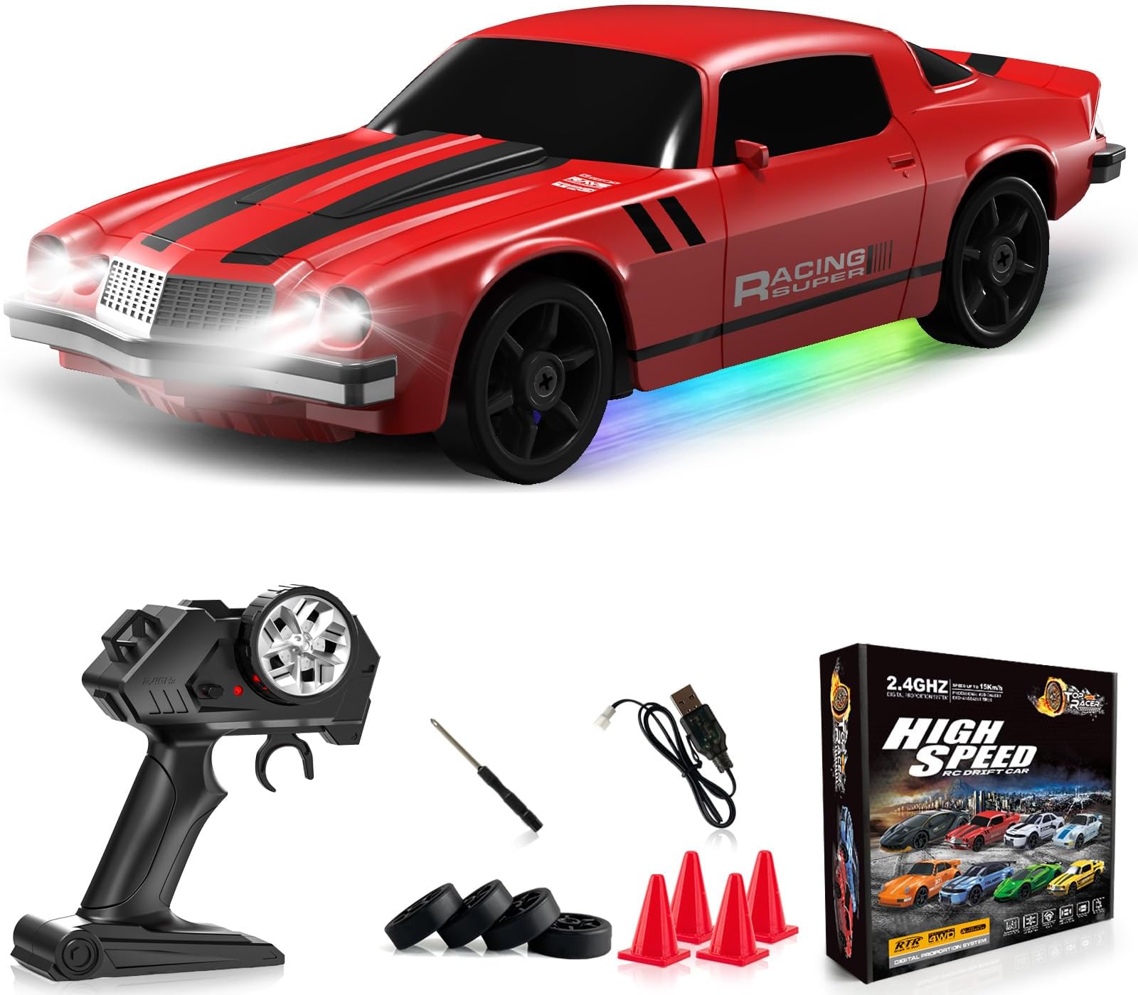 Remote Control Car RC Drift Car 2.4GHz 1:24 4WD 15KM/H High Speed Racing Sport Car with LED Lights Drifting Tire Racing Sport Toy for Adults Boys Girls Kids Gift