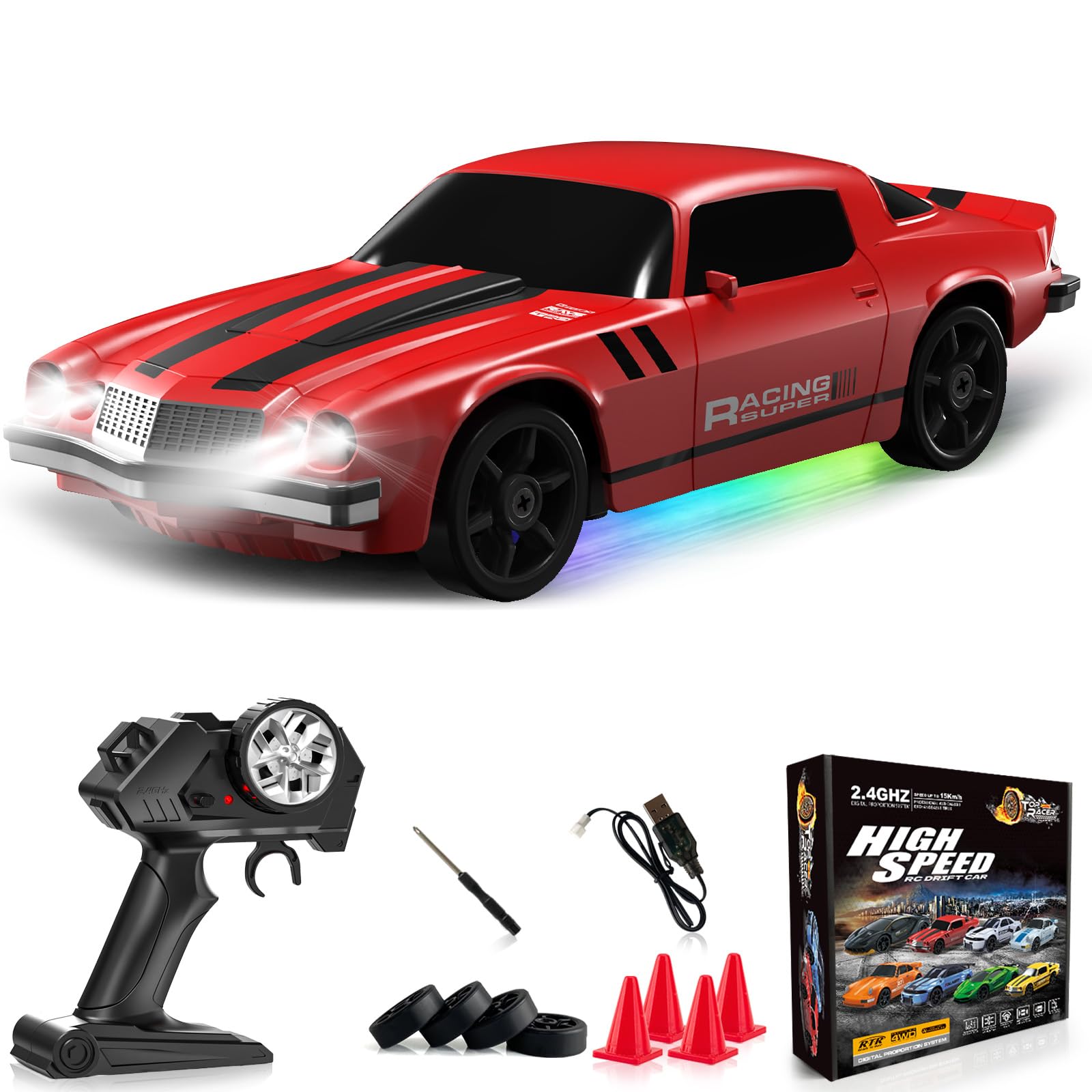 Remote Control Car RC Drift Car 2.4GHz 1:24 4WD 15KM/H High Speed Racing Sport Car with LED Lights Drifting Tire Racing Sport Toy for Adults Boys Girls Kids Gift